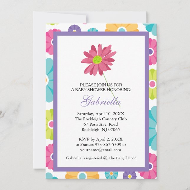 Invitación a Baby Shower de flores rosadas (Anverso)
