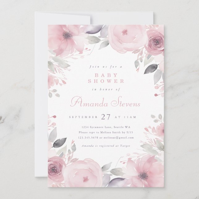 Invitación a Baby Shower de flores rosas (Anverso)