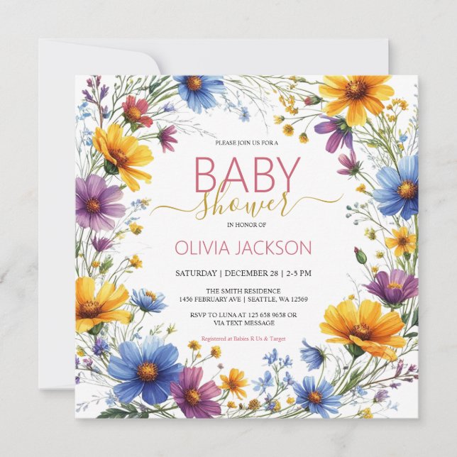 Invitación a Baby Shower de flores silvestres (Anverso)