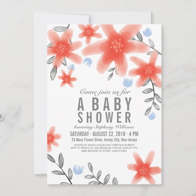 Invitación a Baby Shower de florido rojo y caprich (Anverso)