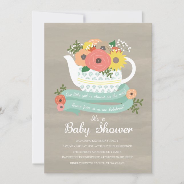 Invitación a Baby Shower de Flower Garden Teapot (Anverso)