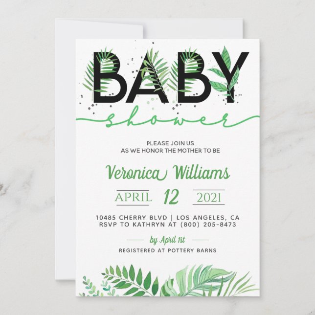 Invitación a Baby Shower de follaje tropical (Anverso)