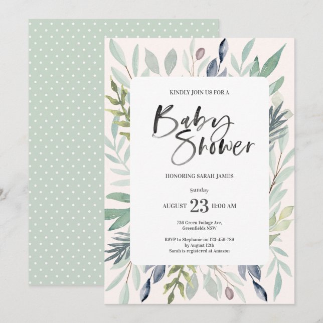 Invitación a Baby Shower de follaje verde (Anverso / Reverso)