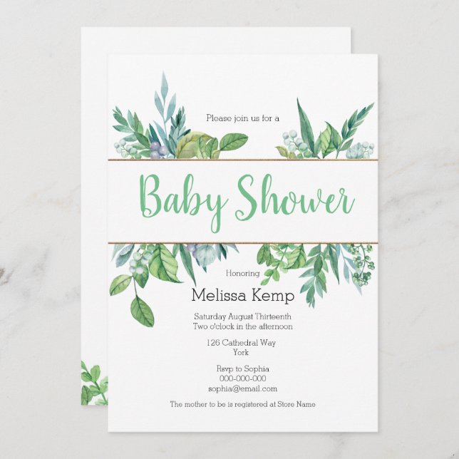 Invitación a Baby Shower de follaje verde y oro (Anverso / Reverso)