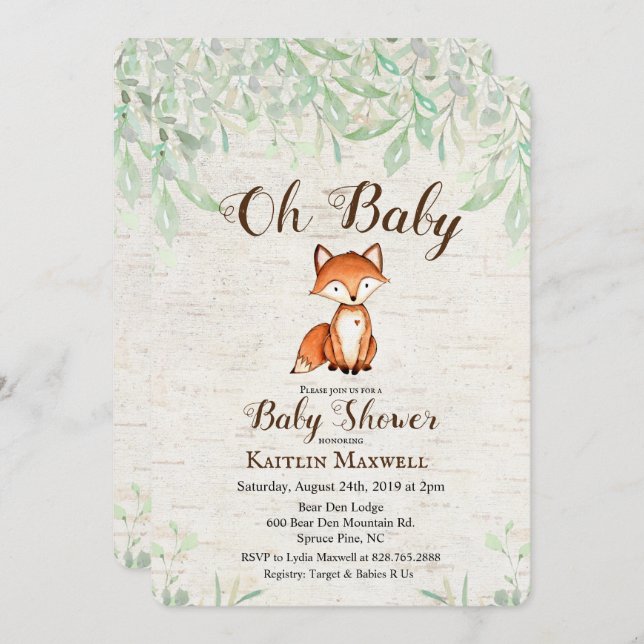Invitación a Baby Shower de Fox (Anverso / Reverso)