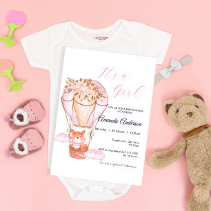 Invitación a Baby Shower de Fox Balloon Chica Rosa