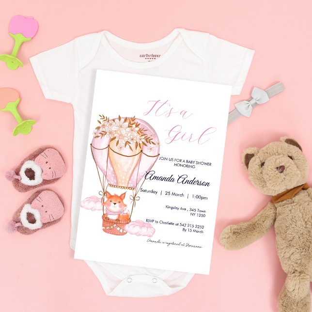 Invitación a Baby Shower de Fox Balloon Chica Rosa (Pink Girl Fox Balloon Baby Shower Invite)