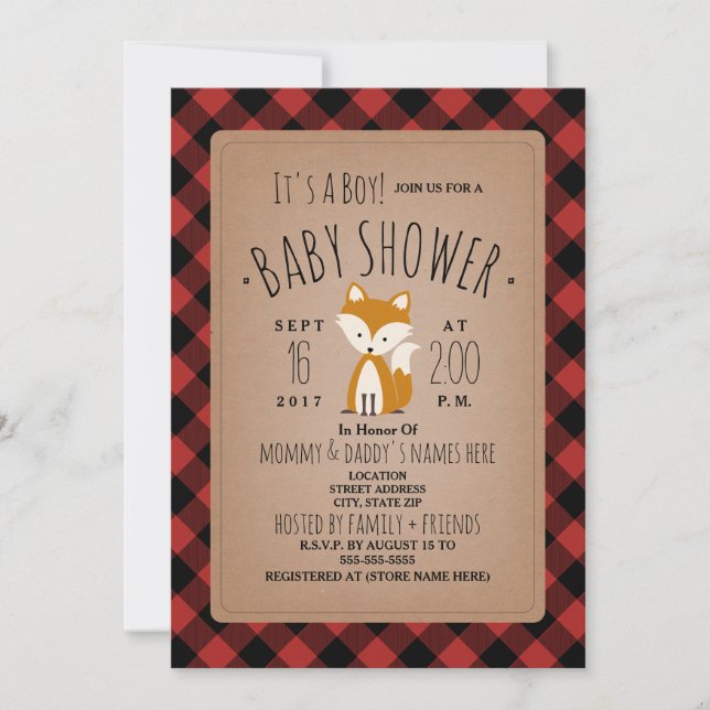 Invitación a Baby Shower de Fox Lumberjack Plaid (Anverso)