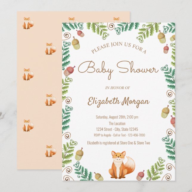 Invitación a Baby Shower de Fox, Woodland (Anverso / Reverso)