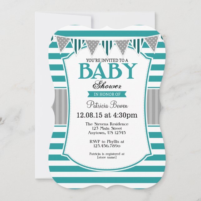 Invitación a Baby Shower de franjas grises Verde a (Anverso)