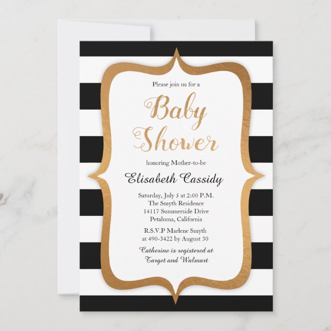 Invitación a Baby Shower de franjas negras de Reli (Anverso)