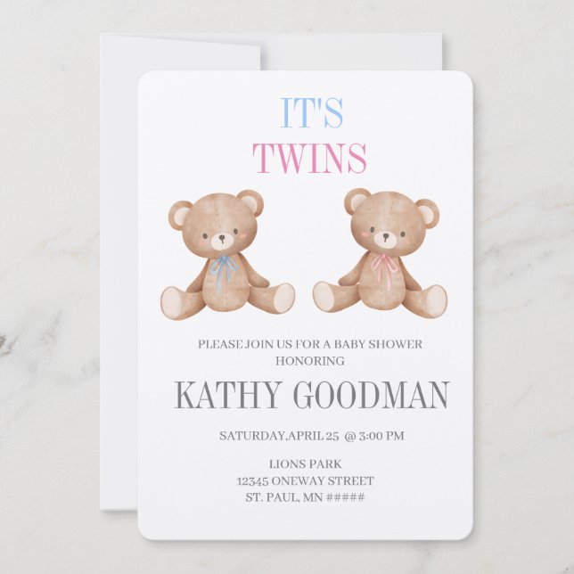 Invitación a Baby Shower de fraternales gemelos (Anverso)