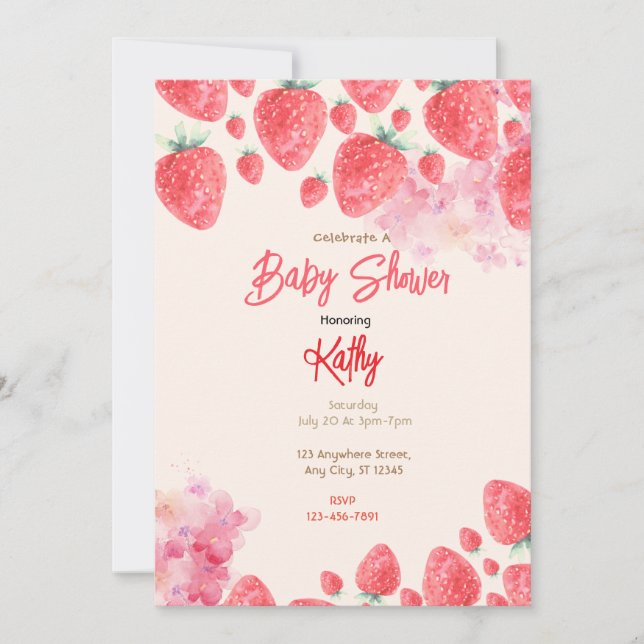 Invitación a Baby Shower de fresa (Anverso)