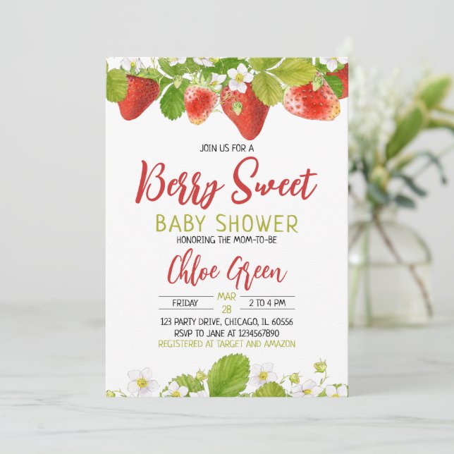 Invitación a Baby Shower de fresa (Anverso de pie)