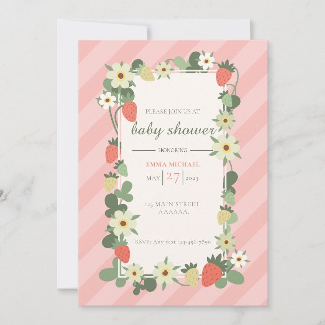 Invitación a Baby Shower de fresa (Anverso)