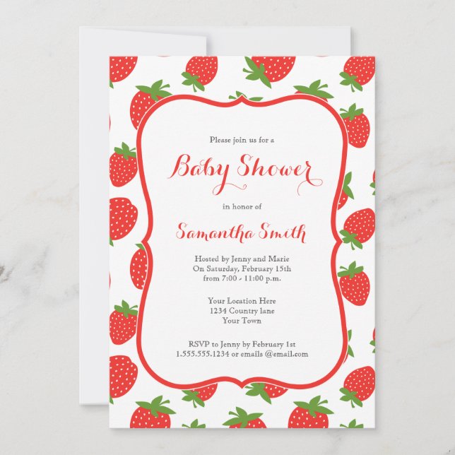 Invitación a Baby Shower de fresa (Anverso)