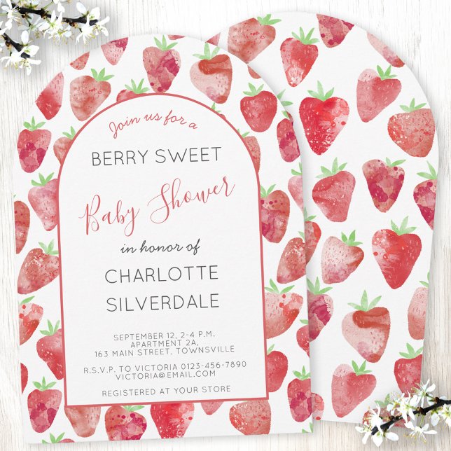 Invitación a Baby Shower de fresa (Strawbery watercolor Berry Sweet arch shaped personalized baby shower invitation )