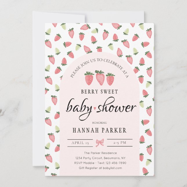 Invitación a Baby Shower de fresa (Anverso)