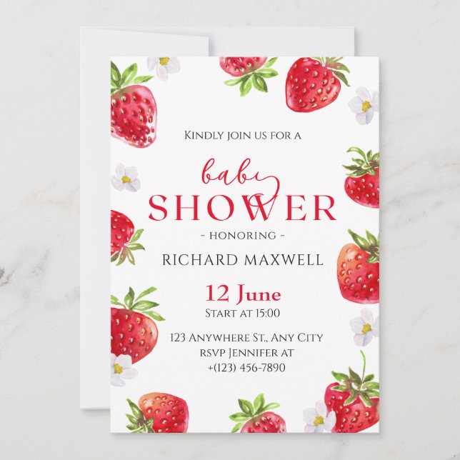 Invitación a Baby Shower de fresa acuarela (Anverso)