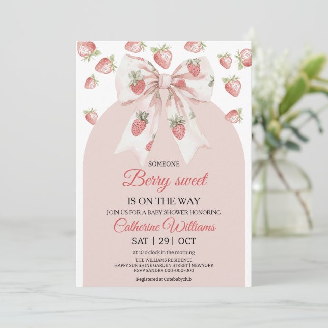 Invitación a Baby Shower de fresa | Berry Baby (Anverso de pie)