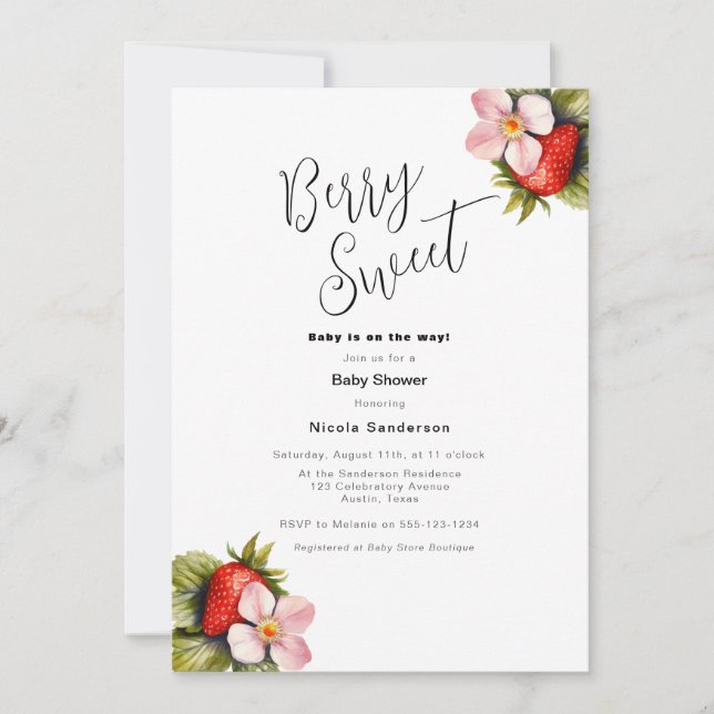 Invitación a Baby Shower de fresa Berry Sweet (Anverso)