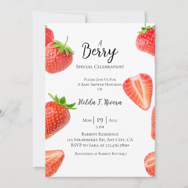 Invitación a Baby Shower de fresa dulce (Anverso)