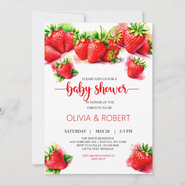 Invitación a Baby Shower de fresa dulce (Anverso)