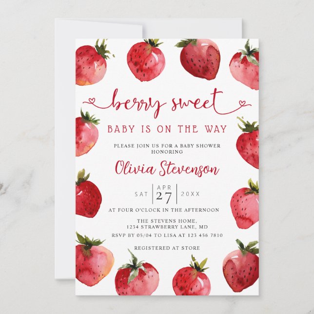 Invitación a Baby Shower de fresa dulce | Berry (Anverso)