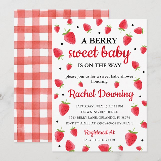 Invitación a Baby Shower de fresa dulce de Berry (Anverso / Reverso)
