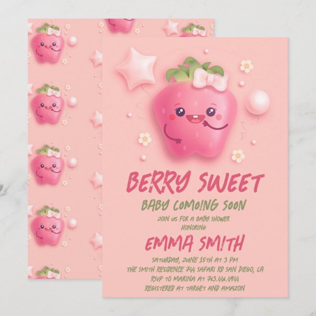 Invitación a Baby Shower de fresa dulce de Berry (Anverso / Reverso)