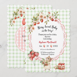 Invitación a Baby Shower de fresa - Green Gingham