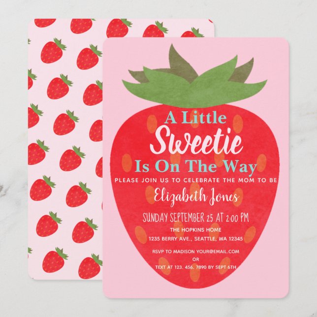 Invitación a Baby Shower de fresa un poco dulce (Anverso / Reverso)