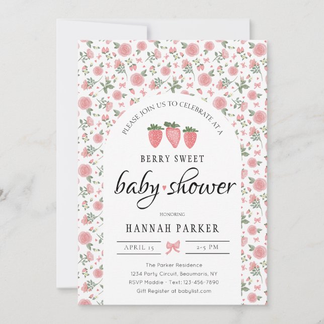 Invitación a Baby Shower de fresa y Rosas (Anverso)
