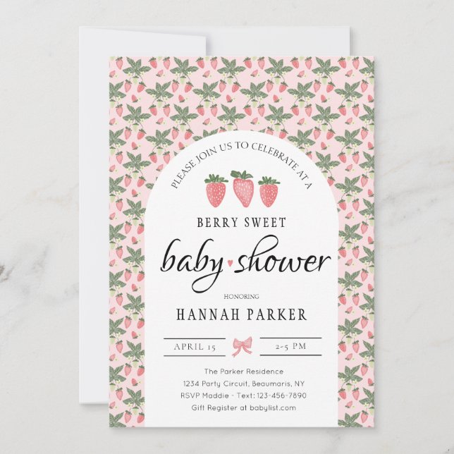 Invitación a Baby Shower de fresas y flores (Anverso)