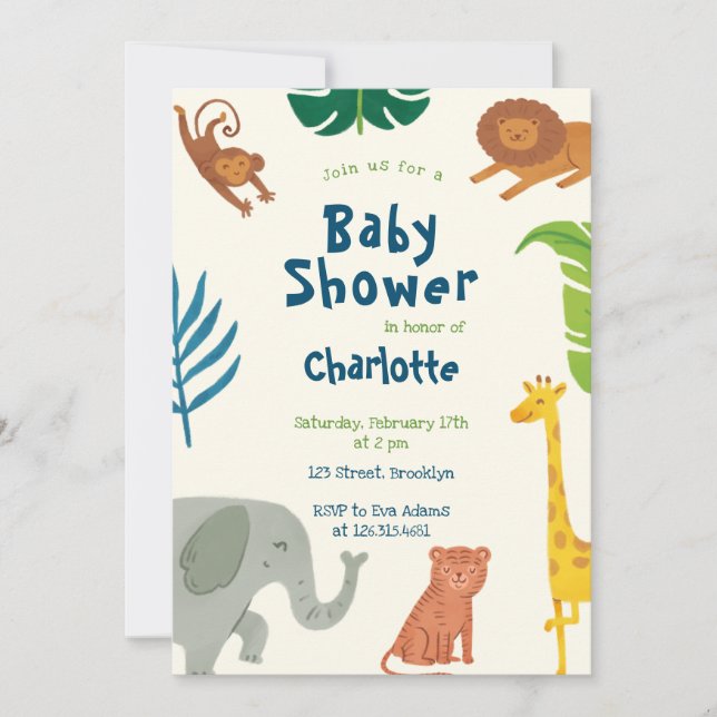 Invitación a Baby Shower de Fun Jungle Animals (Anverso)