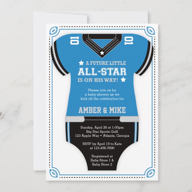 Invitación a Baby Shower de fútbol, negro, azul (Anverso)