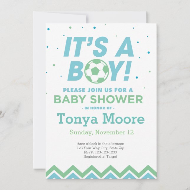 Invitación a Baby Shower de fútbol verde (Anverso)