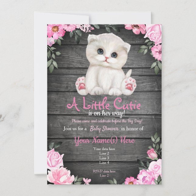 Invitación a Baby Shower de gatitos rosados, rústi (Anverso)