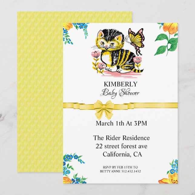 Invitación a Baby Shower De Gato Y Mariposa (Anverso / Reverso)