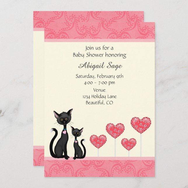 Invitación a Baby Shower de gatos, gatitos y coraz (Anverso / Reverso)