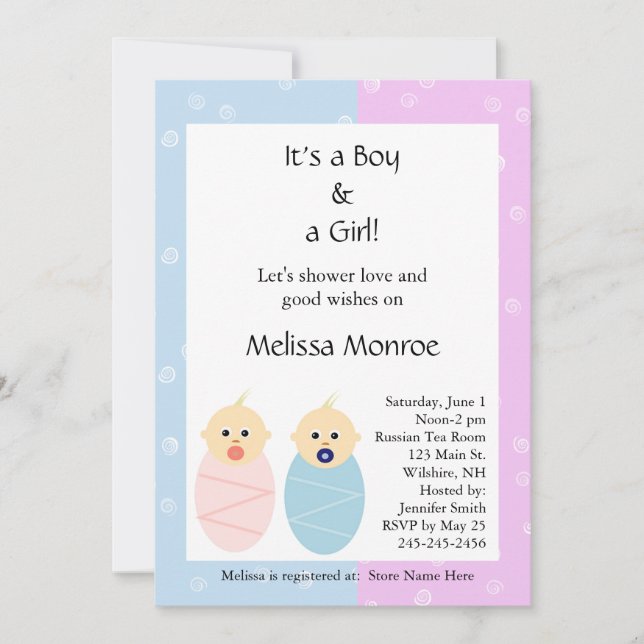 Invitación a Baby Shower de Gemelos rosas y azules (Anverso)