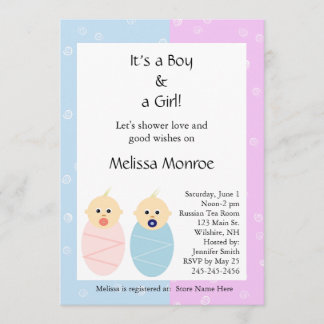 Invitación a Baby Shower de Gemelos rosas y azules
