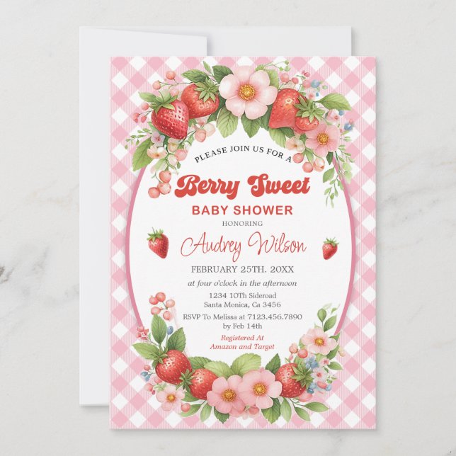 Invitación a Baby Shower de Gingham Berry Sweet (Anverso)