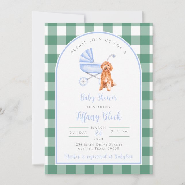 Invitación a Baby Shower de Gingham Check Dog Boy (Anverso)