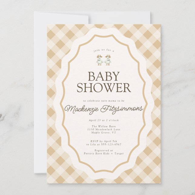 Invitación a Baby Shower de Gingham Goose Twin (Anverso)