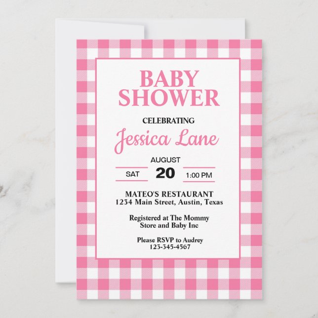 Invitación a Baby Shower de Gingham Pink Plaid (Anverso)