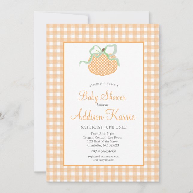 Invitación a Baby Shower de Gingham Pumpkin (Anverso)