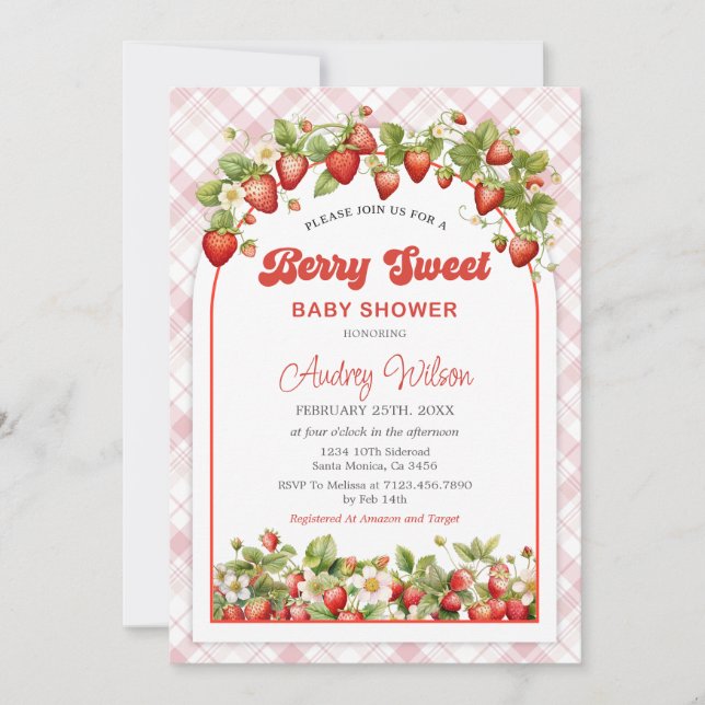Invitación a Baby Shower de Gingham Strawberry (Anverso)