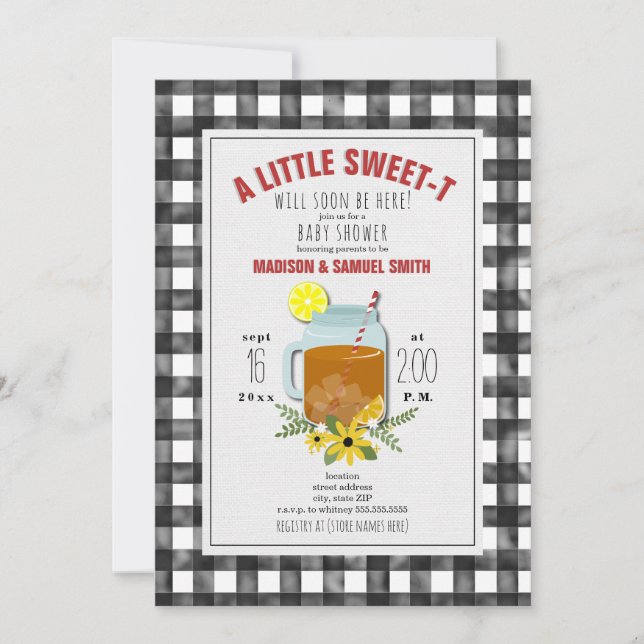 Invitación a Baby Shower de Gingham Sweet Tea Flor (Anverso)