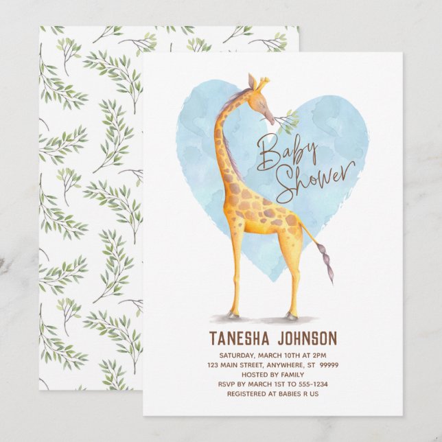Invitación a Baby Shower de Giraffe Heart (Anverso / Reverso)